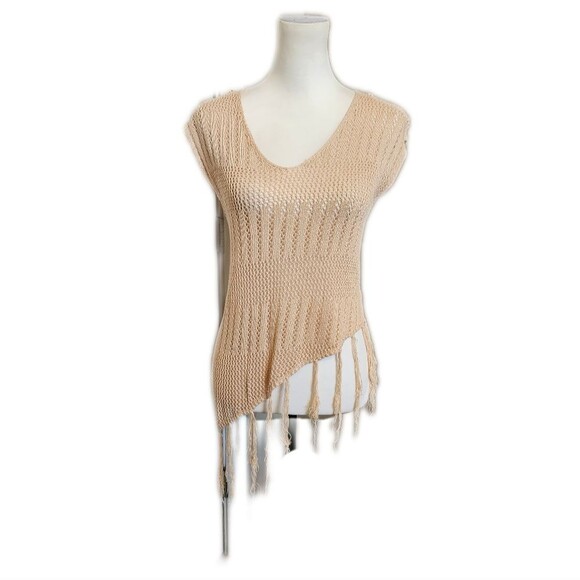 Open knit sleeveless lightweight sweater, asymmetrical hem w/ fringe, M - Picture 1 of 4